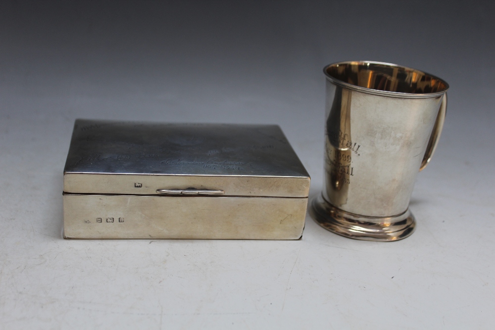 A HALLMARKED SILVER PRESENTATION CIGARETTE BOX - BIRMINGHAM 1934, together with a hallmarked