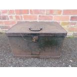 A 19TH CENTURY CAST IRON STRONG BOX, W 52 cm, D 37 cm, H 30 cm (With key but not operational)