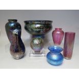 A COLLECTION OF 20TH CENTURY IRIDESCENT LUSTRE GLASSWARE, comprising a peacock lustre footed bowl, a