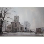 T. CARR (XX). British school, Wintery village scene with figures before a church, signed lower left,