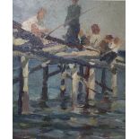 LEECH (XIX-XX). Impressionist study of figures fishing from a jetty, signed lower left, oil on