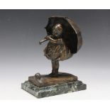 A BRONZE STATUE OF A YOUNG GIRL WITH AN UMBRELLA LOOKING AT A SNAIL - SIGNED E CAMMILLI, on a
