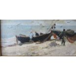 (XX). Coastal beach scene with figures and fishing boats, indistinctly signed lower right, oil; on