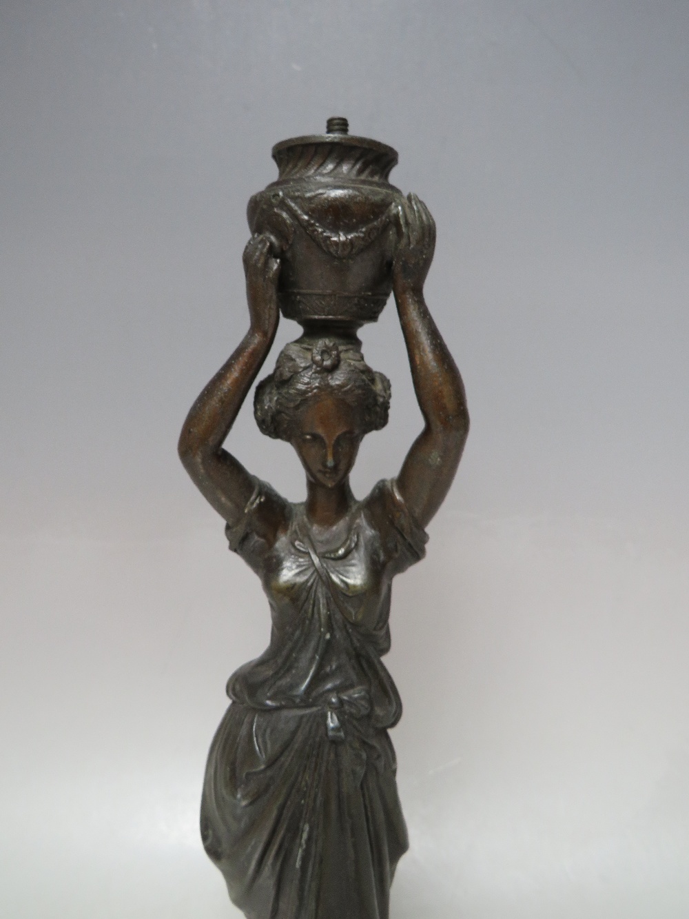 A VINTAGE BRONZE BAR GAS LIGHTER, in the form of a young woman in classical dress carrying an urn, H - Image 2 of 8