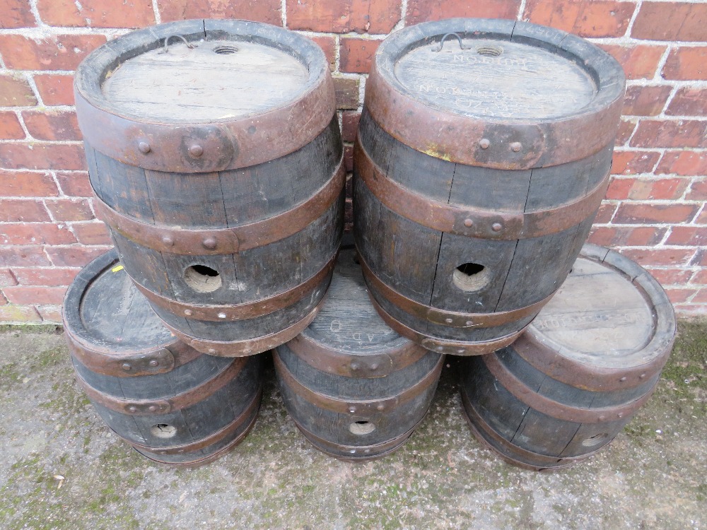 A SET OF FIVE VINTAGE COOPERED WORTHINGTON BEER BARRELS WITH LATER HANDPAINTED NUMBERS AND - Image 9 of 10