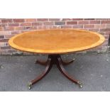 A 19TH CENTURY MAHOGANY AND SATINWOOD BANDED OVAL TILT-TOP TABLE, raised on a turned column and four