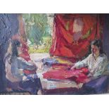 (XX). Impressionist interior scene with two women dressmaking, indistinctly signed upper left, oil