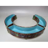 A SET OF THREE MINTON MAJOLICA CURVED CERAMIC TROUGHS, wood panel effect to exterior with fruit