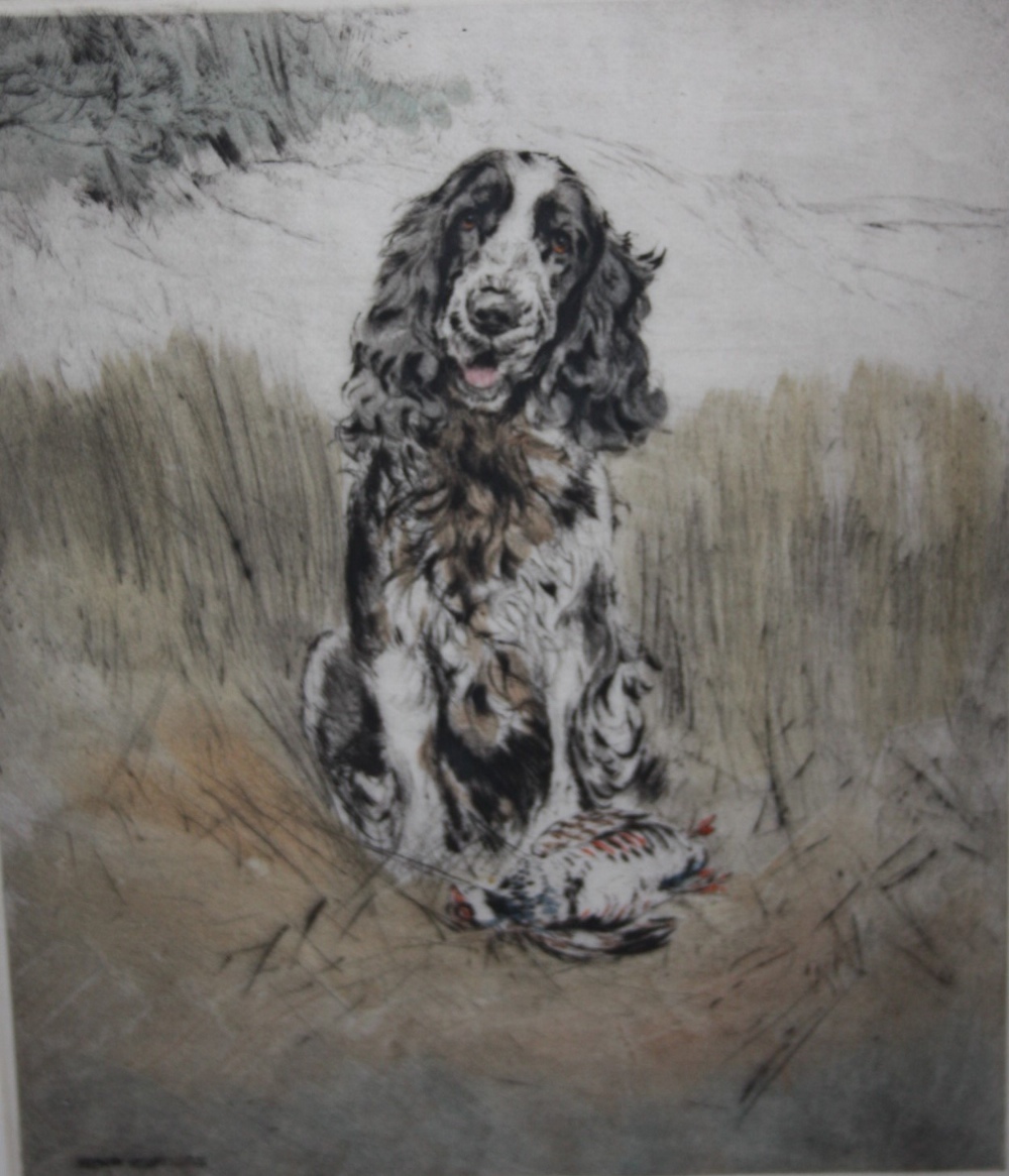 HENRY WILKINSON (1921-2011). Spaniel with dead game at foot, etching in colours, signed in pencil,