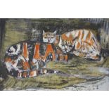 CAMPBELL (XX). Modernist study of two resting cats, signed lower left, oil on card, framed, 27 x