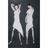(XX). Modernist study of two women in white dresses, indistinctly signed lower right, mixed media on