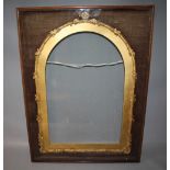 A 19TH CENTURY ARCHED TOP DECORATIVE GLAZED GOLD FRAME, with gold mount card, frame W 1 cm, case