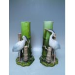 A PAIR ANTIQUE ENGLISH BRETBY MAJOLICA POTTERY AESTHETIC BAMBOO HERON BIRD VASES, impressed marks to