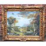 (XX). Extensive wooded lake scene with cottages, indistinctly signed lower right, oil on canvas,