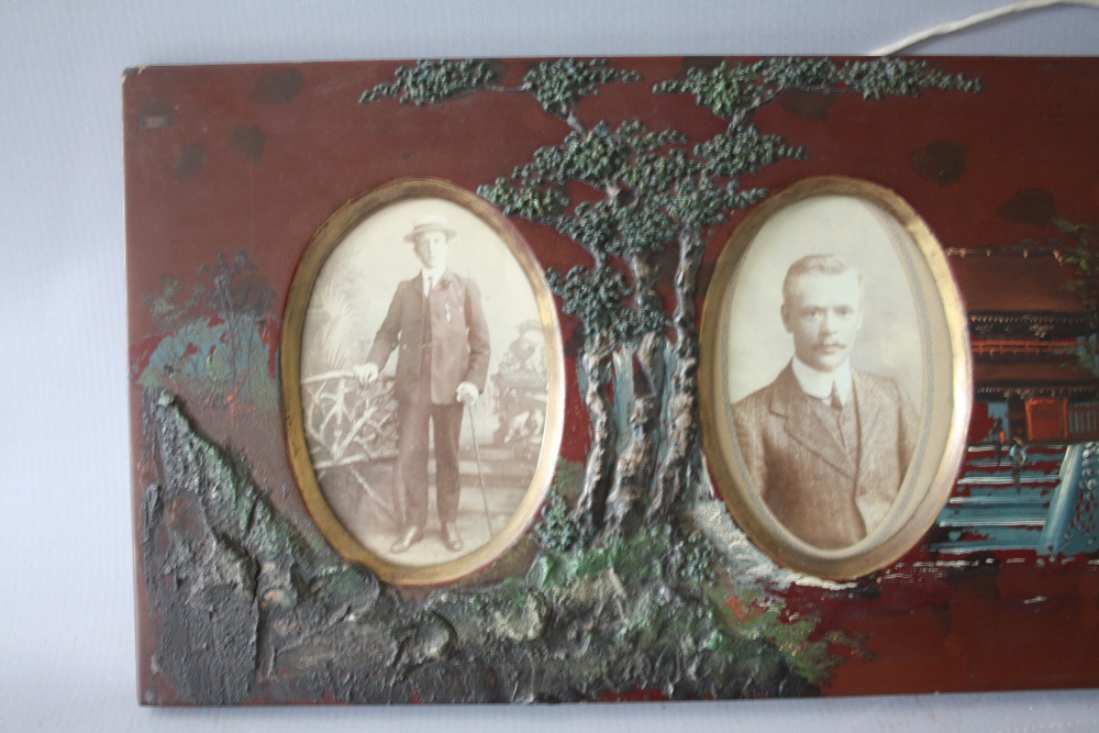 A VINTAGE PAINTED DECORATIVE LACQUERED FRAME, with part decorated in relief and three oval - Image 2 of 4