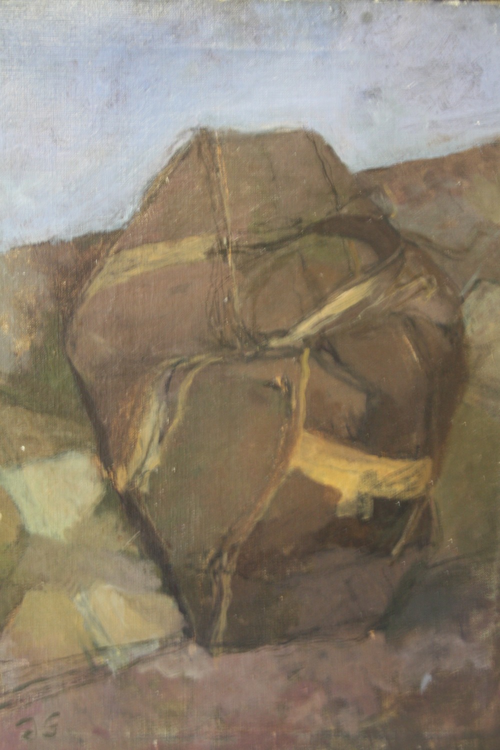 J.G. (XX). Impressionist study of a holdall travel bag, signed with initials lower left, oil on