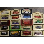 A TRAY OF BOXED DIE CAST MODEL TOY CARS AND VEHICLES TO INCLUDE VANGUARDS, MATCHBOX, DAYS GONE BY