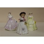 TWO COALPORT MINIATURE FIGURES - CASSIE & CATRIONA, TOGETHER WITH ROYAL DOULTON SHARON FIGURE (3)