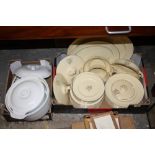 A TRAY OF JOHNSON BROS VICTORIAN PATTERN DINNERWARE, TOGETHER WITH A TRAY OF ASSORTED DINNERWARE