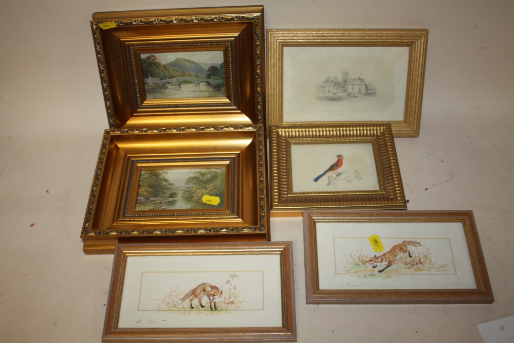 A PAIR OF SMALL FRAMED AND GLAZED WATERCOLOURS DEPICTING FOXES BY EILEEN ENDACOTT, TOGETHER WITH A
