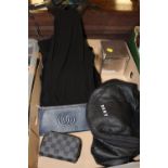 A TRAY OF DESIGNER STYLE CLOTHING AND ACCESSORIES TO INCLUDE PURSES, LA PRAIRIE SKIN CAVIAR ETC.