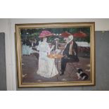 A LARGE MODERN GILT FRAMED OIL ON CANVAS DEPICTING SEATED FIGURES IN AN OUTDOOR SETTING INDISTINCTLY