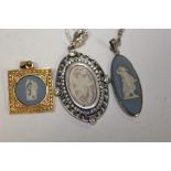 TWO SILVER WEDGWOOD JASPERWARE PENDANTS ON SILVER CHAINS TO INCLUDE A LILAC PANEL EXAMPLE TOGETHER