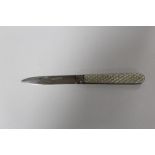 A HALLMARKED SILVER MOTHER OF PEARL HANDLED PEN KNIFE BY JAMES DICKSON AND SONS 1876 WITH LEATHER