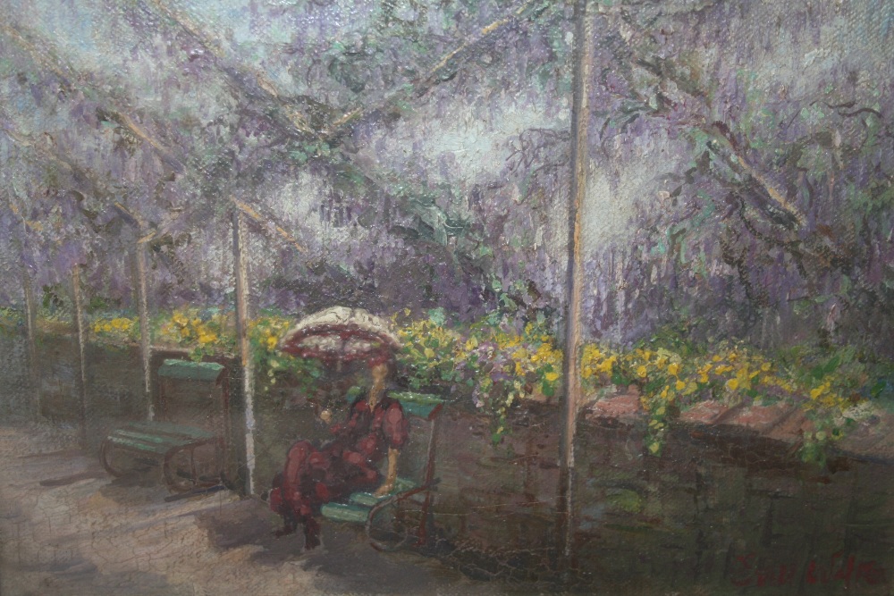 (XIX-XX). Ornamental garden scene with seated figure, indistinctly signed lower right, oil on
