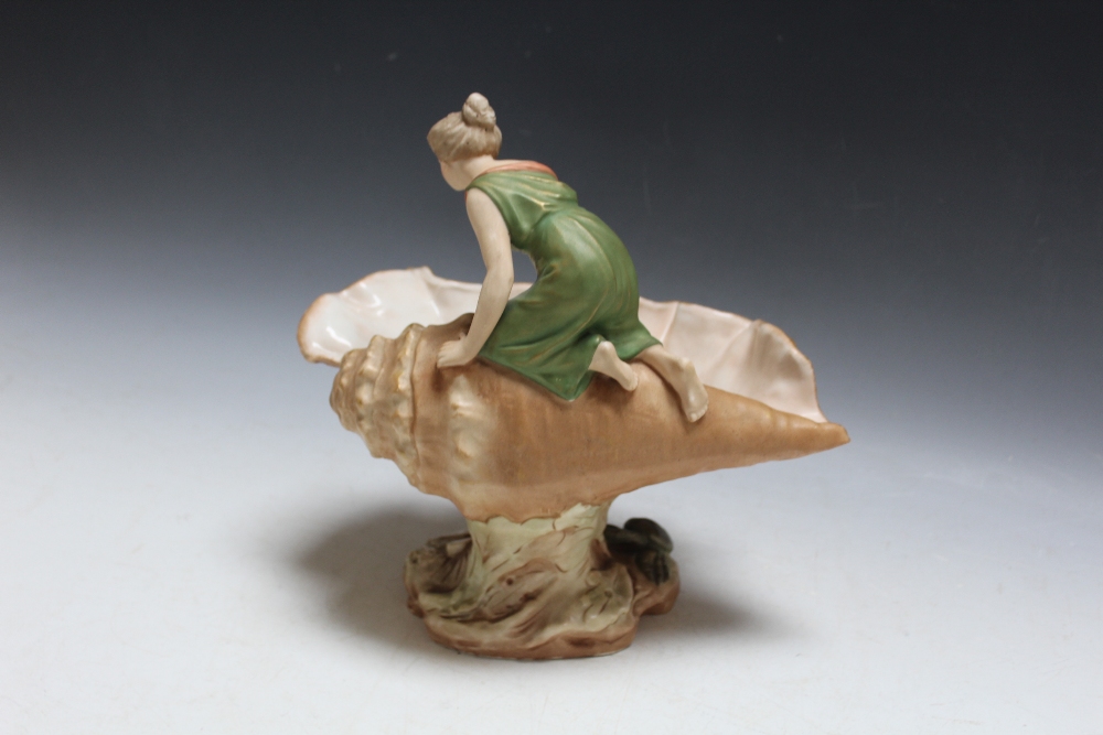 A LARGE ROYAL DUX FIGURE OF A LADY ON A CONCH SHELL, pink triangle mark to base, W 26 cm - Image 3 of 4