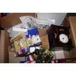 A BOX OF ASSORTED SUNDRIES TO INCLUDE BOXED CANDLE HOLDERS, STEAM INTEREST PRINTS, JEWELLERY BOX