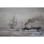 AFTER FRANK BRANGWYN (1867-1956). Sailing vessel and paddle steamer in a choppy sea, bears signature