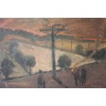 MAJOR. An impressionist stormy evening wooded landscape with figures on path, signed lower right,