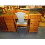 A HONEY PINE LEATHER TOPPED TWIN PEDESTAL DESK H-76 W-122 CM WITH A CHAIR