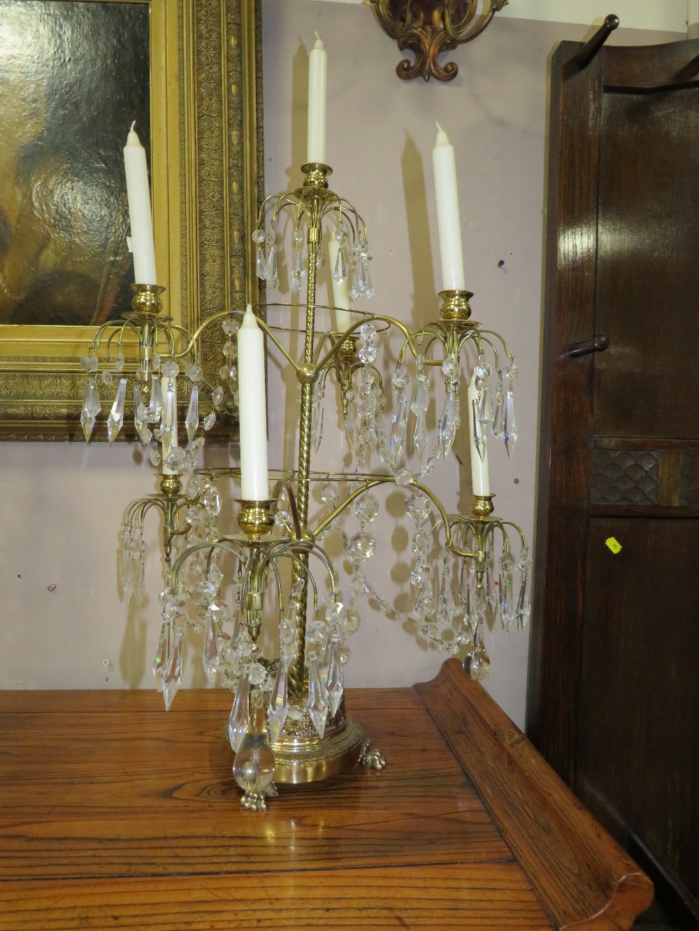 A PAIR OF IMPRESSIVE SIX BRANCH BRASS / PLATED AND CRYSTAL CANDELABRA H-66 CM (2) - Image 4 of 7
