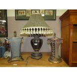 A LARGE QUALITY VERDE GRIS TABLE LAMP AND SHADE WITH TWO ADDITIONAL LAMPS (3)