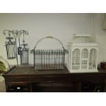 A CONTEMPORY CREAM BIRD CAGE, W-42 CM WITH A METAL PAPER RACK, CANDLE STAND AND JARDINAIRE STAND (