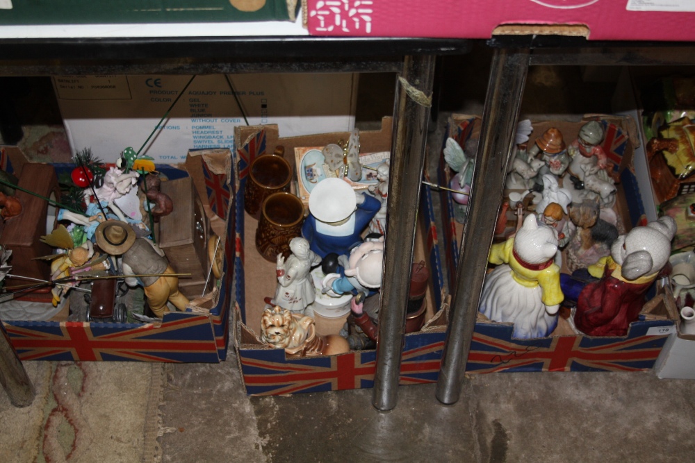 THREE SMALL TRAYS OF CERAMIC AND RESIN FIGURES ETC.