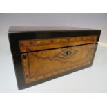 AN ANTIQUE WALNUT AND EBONISED DRESSING BOX, the lid and front with Tonbridge ware inlaid detail,