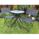 A GARDEN BISTRO SET FOLDING TABLE AND TWO CHAIRS - USED CONDITION