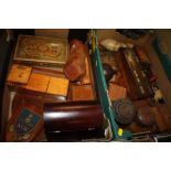 TWO TRAYS OF TREEN TO INCLUDE LIDDED STORAGE BOXES AND MUSICAL JEWELLERY BOX