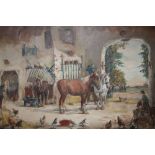 A FRAMED VINTAGE OIL ON CANVAS DEPICTING A STABLE INTERIOR SCENE WITH HORSES, BIRDS AND FIGURES