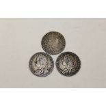 TWO GEORGE II SILVER COINS, TOGETHER WITH A GEORGE III EXAMPLE (3)
