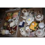TWO TRAYS OF ASSORTED CERAMICS TO INCLUDE A QUANTITY OF NOVELTY TEA POTS
