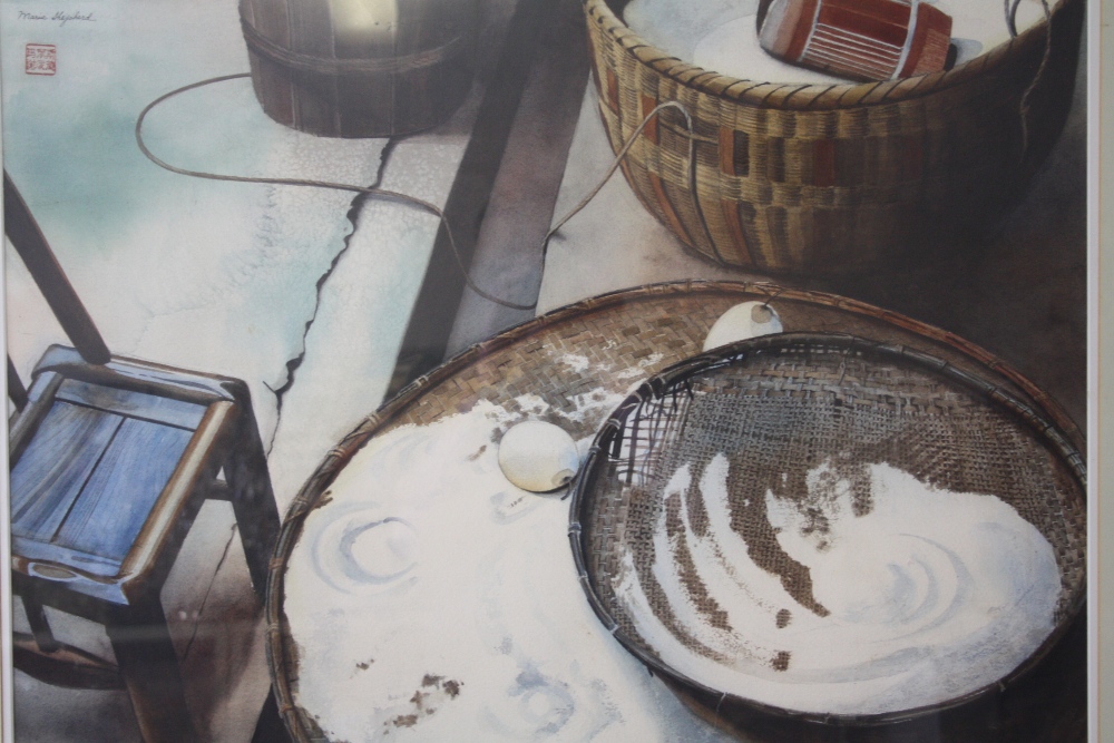 MARIE SHEPHERD (XX). Still life study of various kitchen items, signed and bearing Oriental