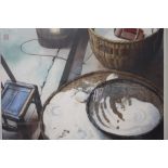 MARIE SHEPHERD (XX). Still life study of various kitchen items, signed and bearing Oriental