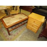 A RETRO TILE TOP COFFEE TABLE TOGETHER WITH A PINE BEDSIDE CHEST (2)