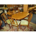 A 'NATHAN' MODERN TEAK EXTENDING DINING TABLE AND SIX CHAIRS - TABLE H 74 CM, L 145 CM EXTENDED L