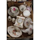 A SMALL TRAY OF ASSORTED CERAMICS TO INCLUDE A ROYAL ALBERT LADY CARLISLE CLOCK, DRESDEN STYLE