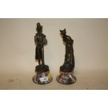A PAIR OF MODERN REPRODUCTION BRONZE EFFECT DOG AND CAT CHARACRATURE FIGURES H 26 CM